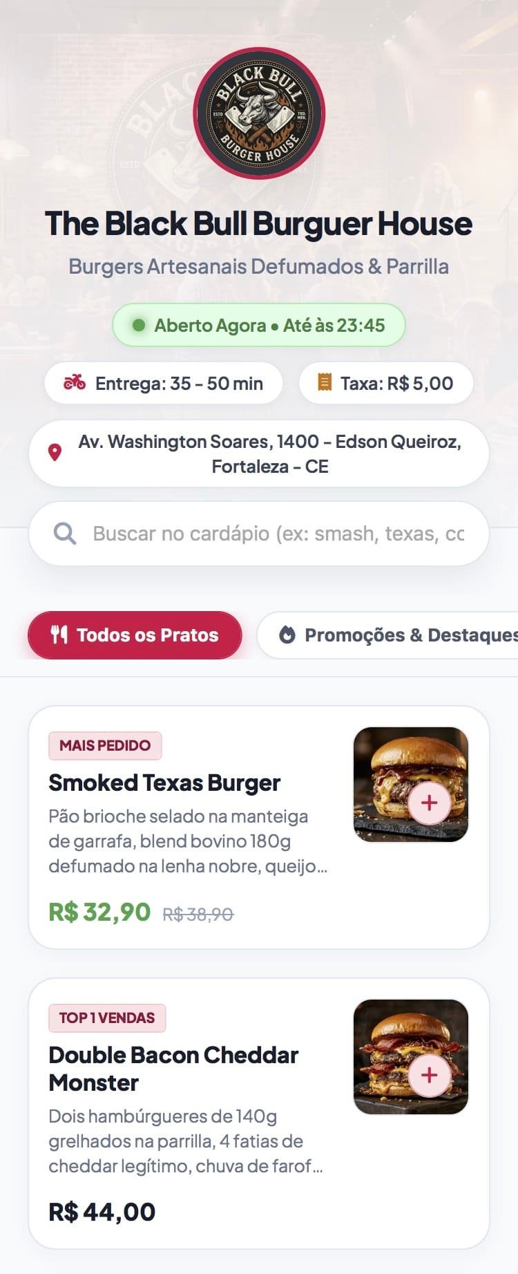 Print do modelo The Black Bull Burguer ao vivo